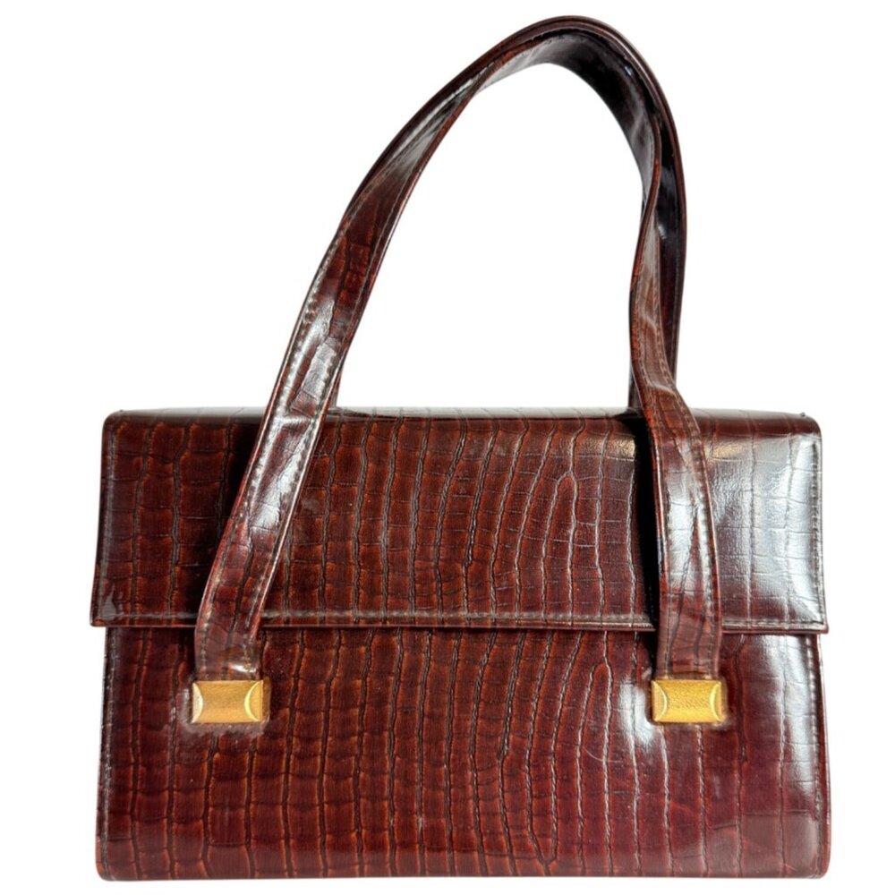 Boxy Brown Croc Embossed Handbag VTG Faux Leather MCM Gold Tone Hardware Dual St